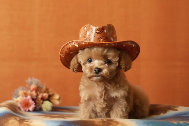 Small apricot toy poodle wearing cowboy hat image generative ai