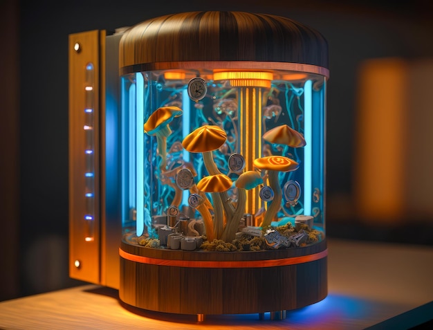 A small aquarium with mushrooms inside of it