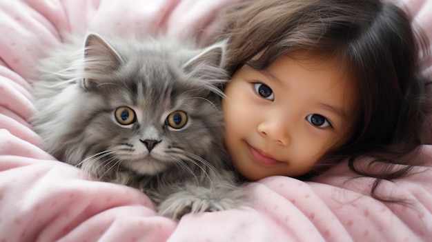 Photo small asian child lies on a bed with a cat kitten and baby childhood friendship baby and cat