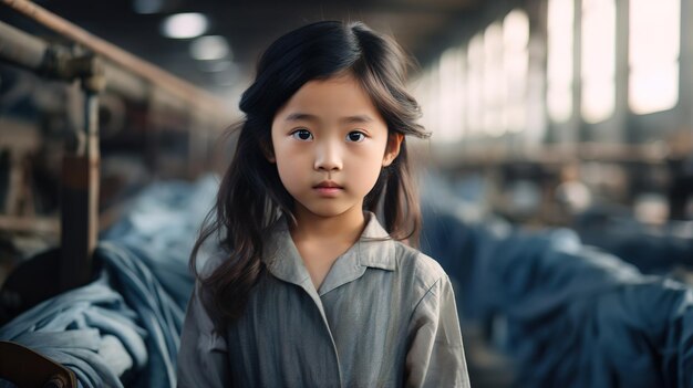 Small Asian child portrait with blurred textile factory background Illegal child