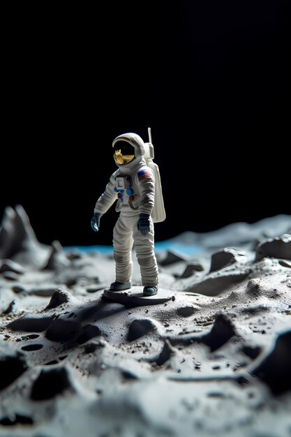 A small astronaut on the moon with a black background