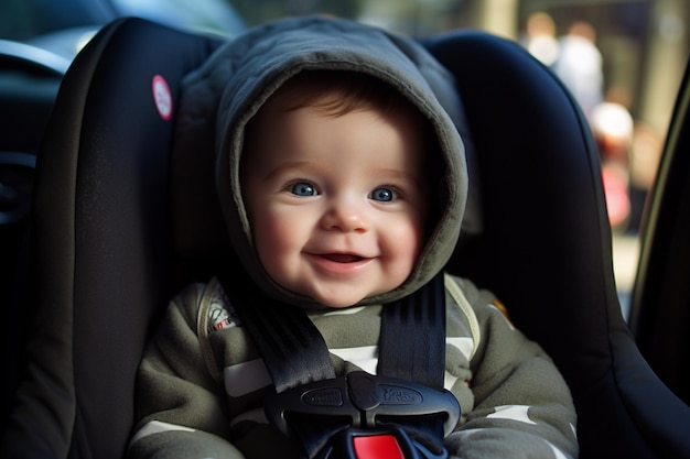 A small baby in a car seat is smiling with Generative AI