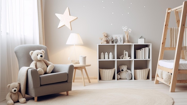 a small baby chair standing in a pristine white room with stars adorning the walls the scene