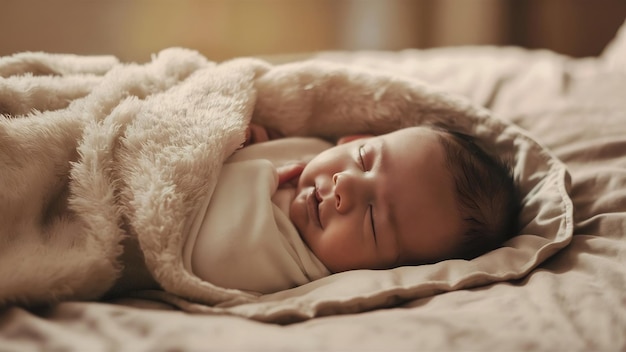 The small baby lies on the bed