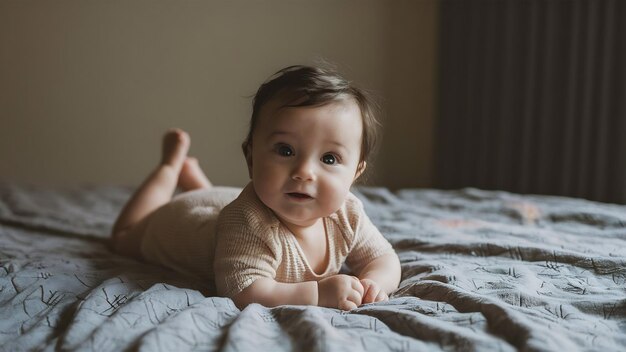 The small baby lies on the bed