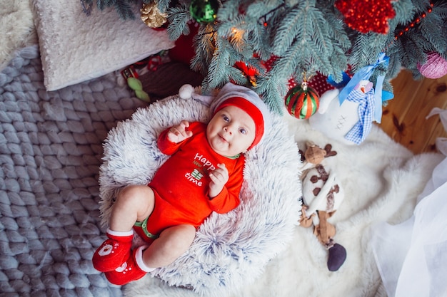 Il piccolo bambino si trova vicino all'albero di natale