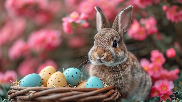 Small baby rabbit in easter basket with fluffy fur and easter eggs in the fresh