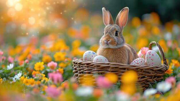 Small baby rabbit in easter basket with fluffy fur and easter eggs in the fresh