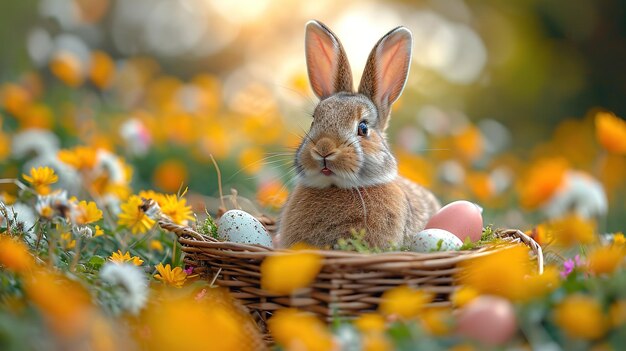 Small baby rabbit in easter basket with fluffy fur and easter eggs in the fresh