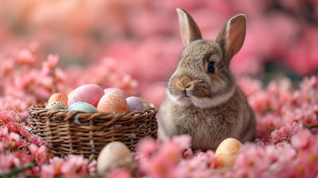 Small baby rabbit in easter basket with fluffy fur and easter eggs in the fresh