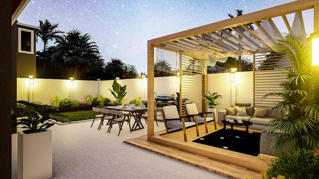 Small backyard pergola and dining area 3d design with high quality render