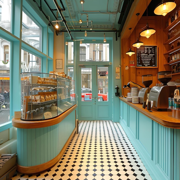 Photo a small bakery with a checkered floor