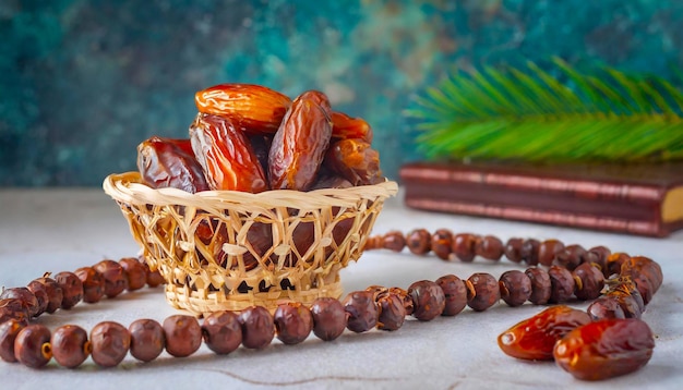 Небольшая корзина, наполненная священными органическими финиковыми фруктами. Фото Рамадана с арабскими финиками.