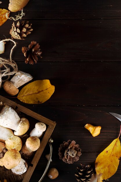 Photo small basket with autumn mushrooms