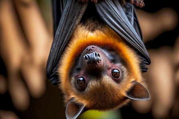 Small bat hanging from tree wrapped in wings