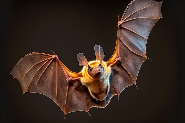 Small bat with beautiful color in flight on black background