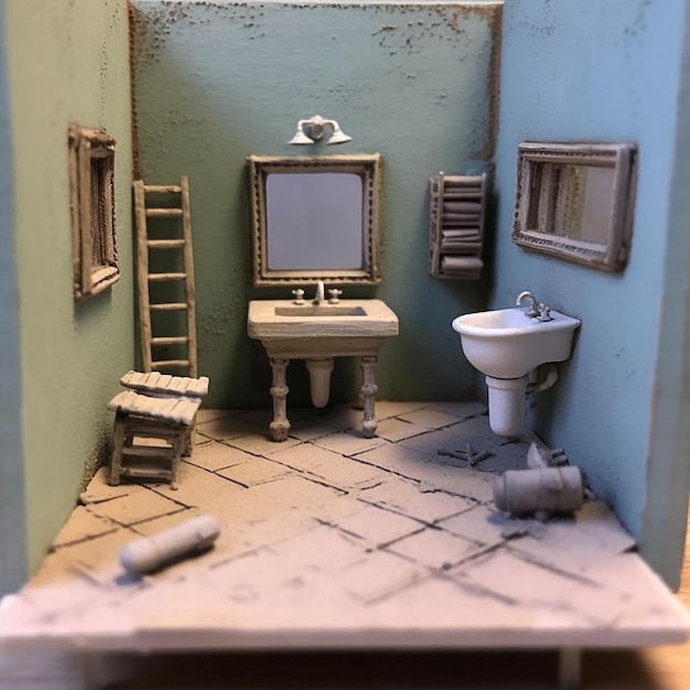 Photo a small bathroom with a sink, mirror and a ladder.