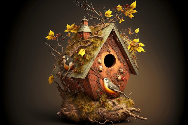 Photo small beaful birdhouse with decoration on branches