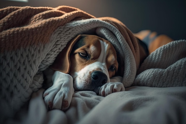 A small Beagle dog sleeps at home on a bed with a blanket over it