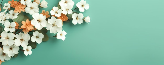 small beautiful flower blossoms on green pastel background with copy space