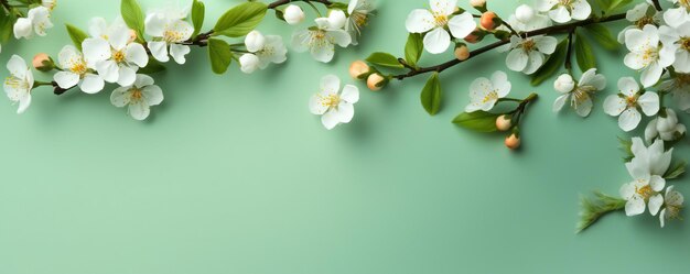Photo small beautiful flower blossoms on green pastel background with copy space