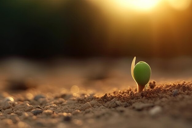 Small beautiful flower sprouting out of dirt at sunset new life concept Generative AI