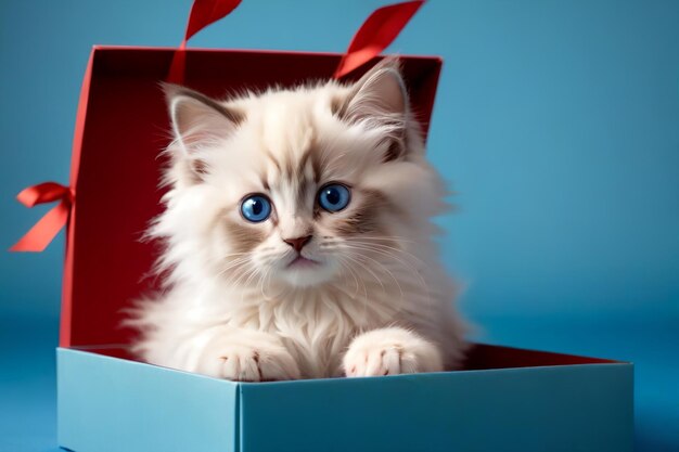 small beautiful purebred Ragdoll kitten in a gift box