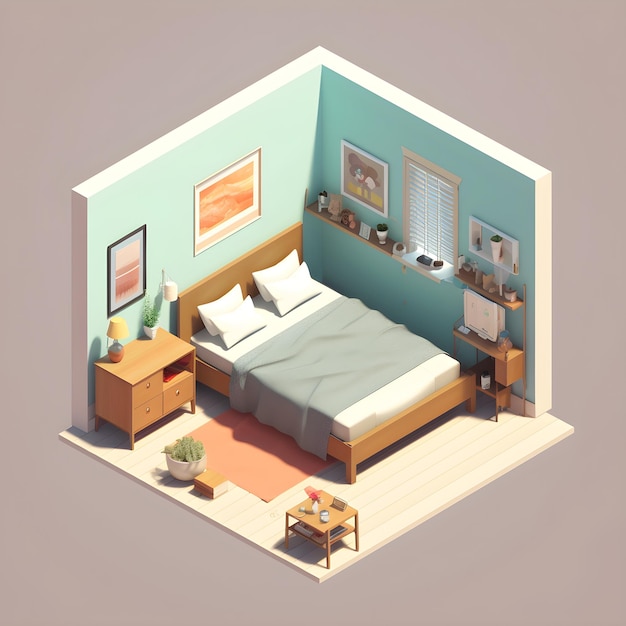 A small bedroom with a bed and a shelf with a lamp on it