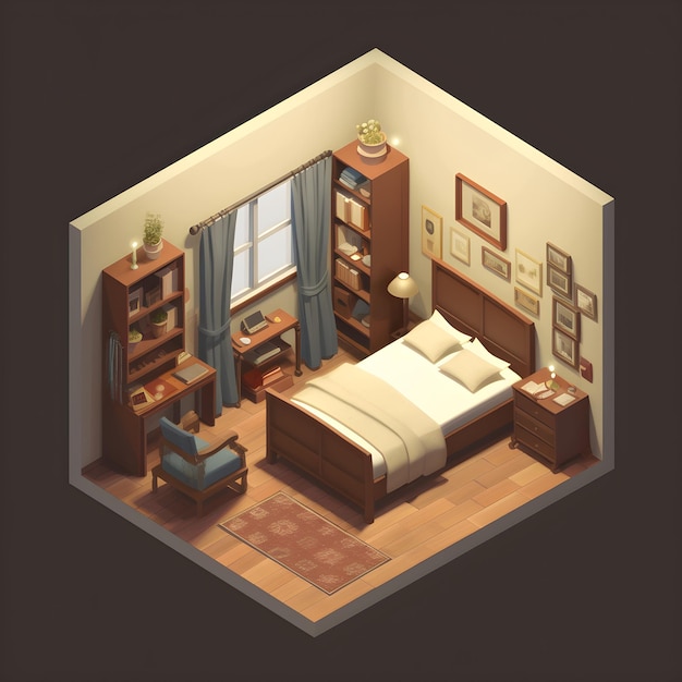A small bedroom with a bed and a shelf with a lamp on it