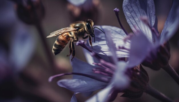 A small bee working on a yellow flower blossom generative ai