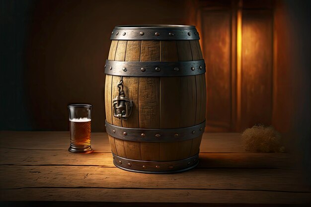 Photo small beer keg wine barrel on wooden table