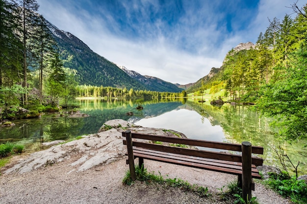 Small bench at the Hitersee lake in the Alps