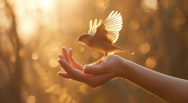A small bird flying on the hands of a person