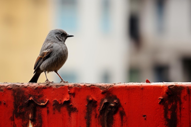 a small bird is standing on top of a red wall