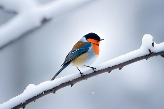 雪 に 覆わ れ た 枝 に 座っ て いる 小さな 鳥