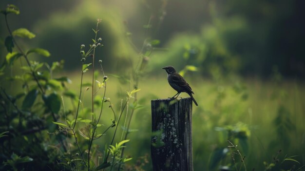 Small Bird Perched on Wooden Post