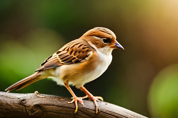 A small bird sits on a branch with the sun shining on it.