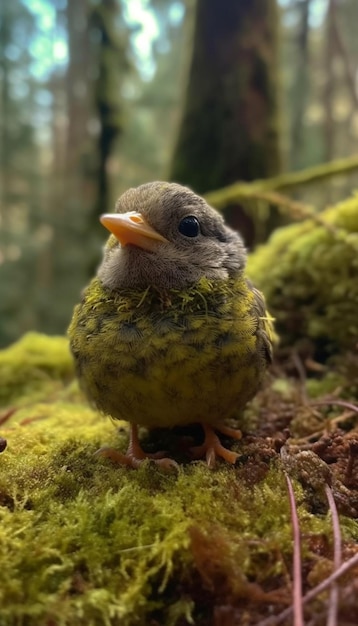 A small bird sits on a mossy branch with the word " bird " on it.