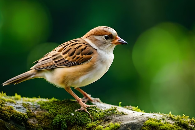 Photo a small bird sits on a mossy branch.