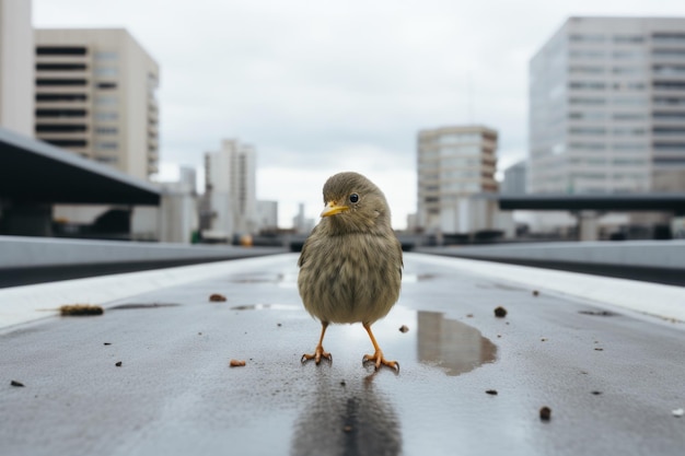 a small bird standing on the edge of a bridge