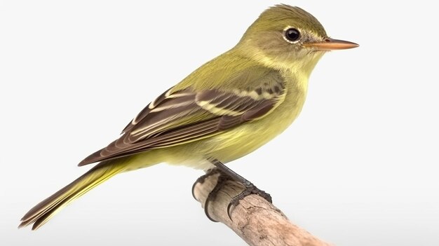 A small bird with a black beak and yellow stripes on its tail