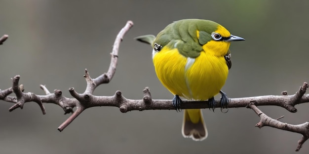 A small bird with yellow wings sits on a branch.