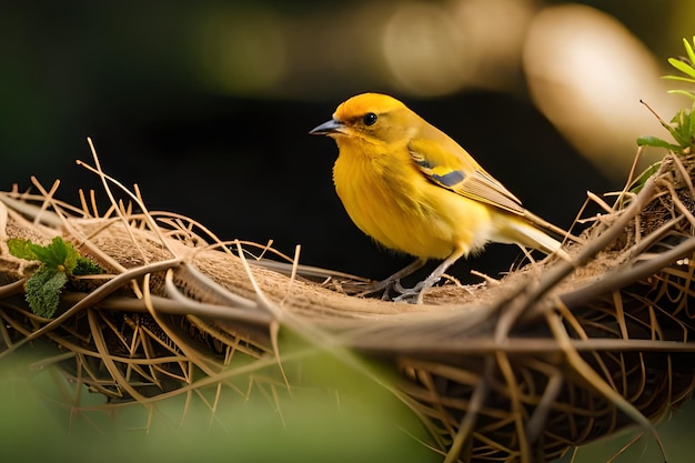 A small bird with yellow wings and a yellow belly sits on a branch.