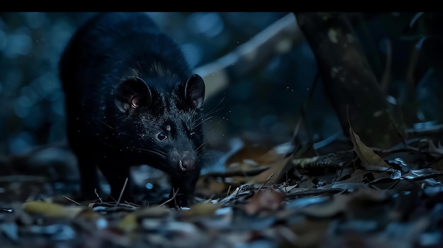 Photo a small black animal with a long tail and a pointed snout is walking through a dark forest