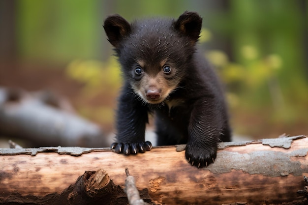 A small black bear cub standing on a log