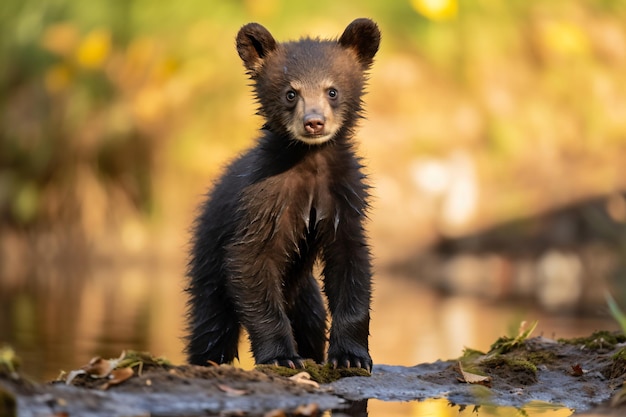 a small black bear standing on a rock