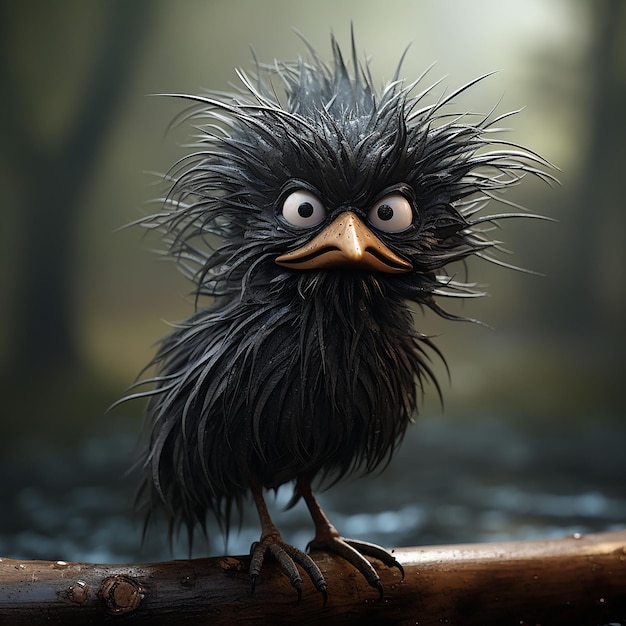 a small black bird with ruffled feathers on its head sitting on a branch generated ai