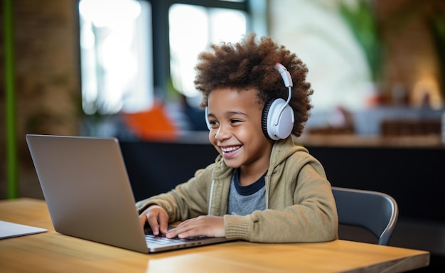 작은 흑인 소년이 미소로 책상에서 노트북 컴퓨터에서 일하고 있다.