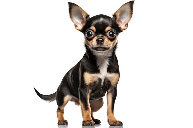 small black and brown dog sitting on top of a white floor