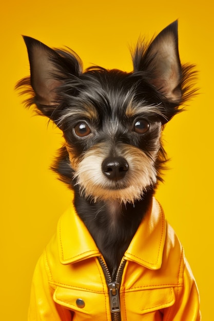 Small black and brown dog wearing yellow jacket and looking at the camera generative ai